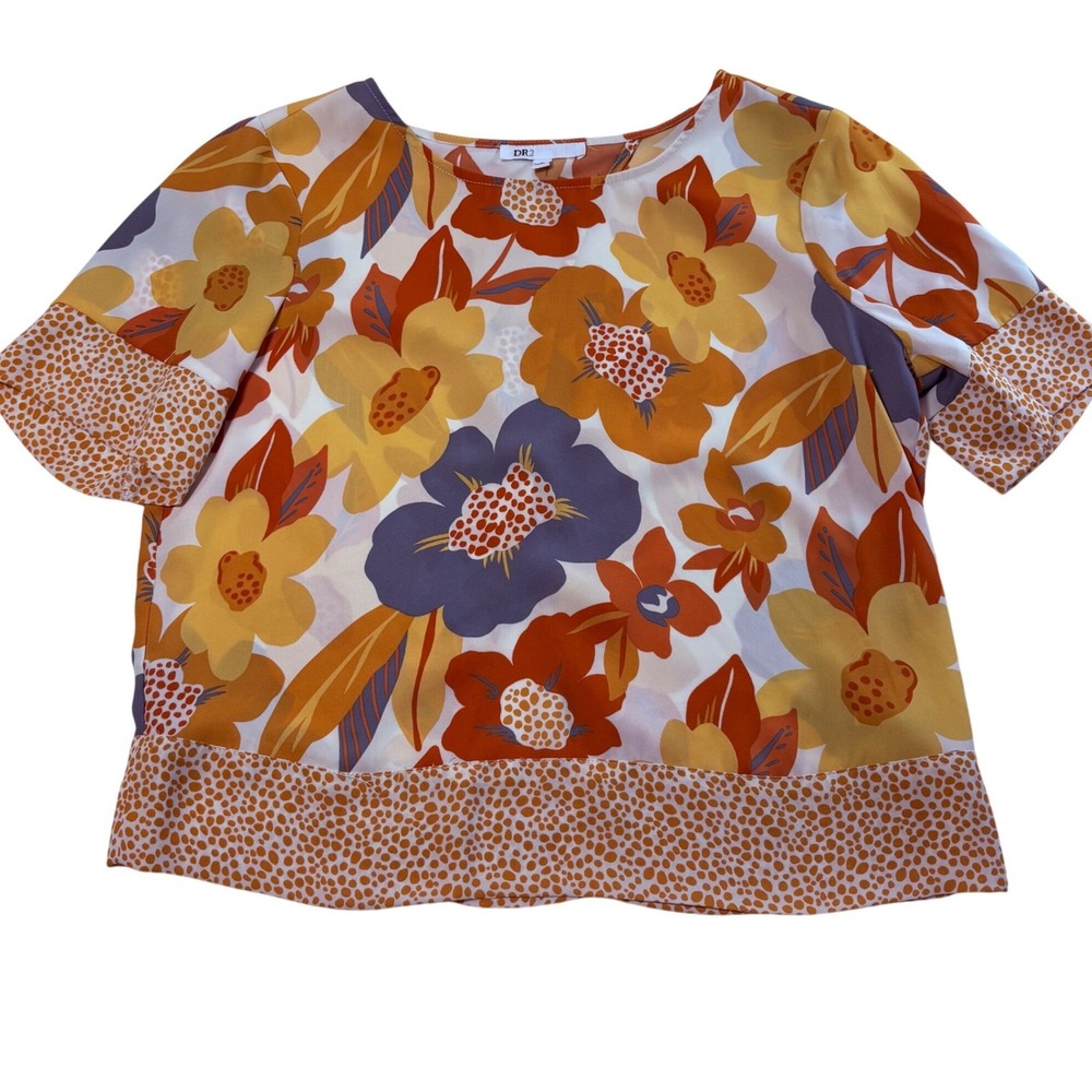 DR2 Womens Floral Short Sleeve Split Back Blouse Orange Yellow Purple Small